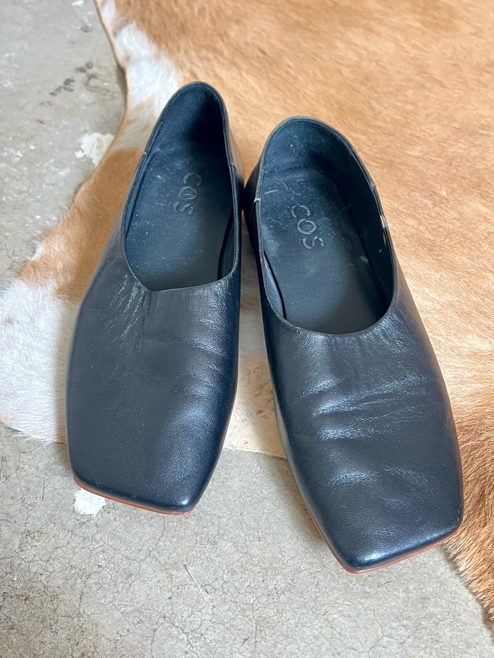 COS Black Leather Square-Toe Slip-On Ballet Flats